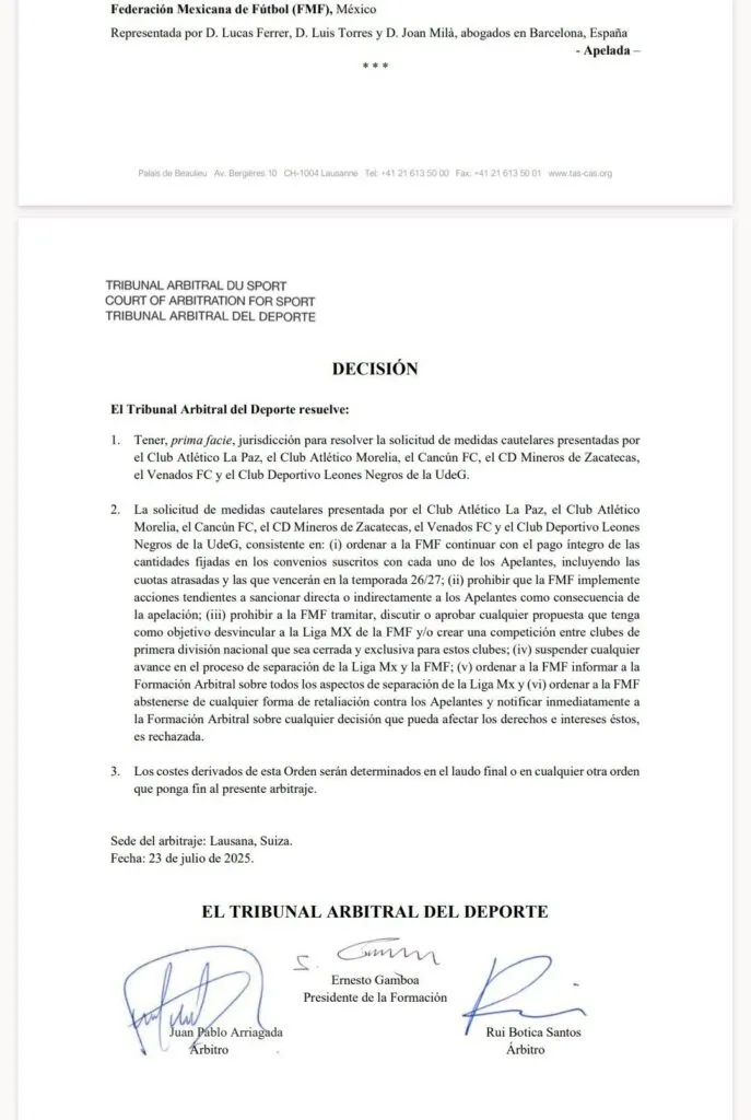 TAS rechaza medidas de clubes de Expansión MX