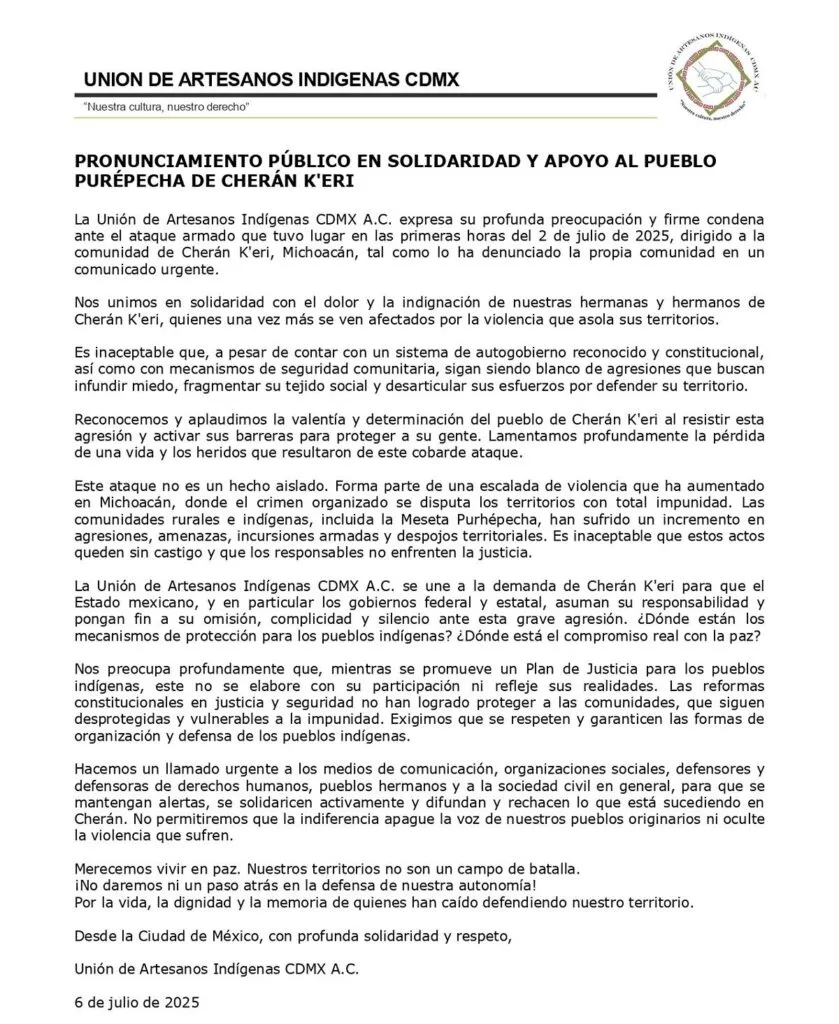 Unión de Artesanos Indígenas CDMX exige alto a violencia