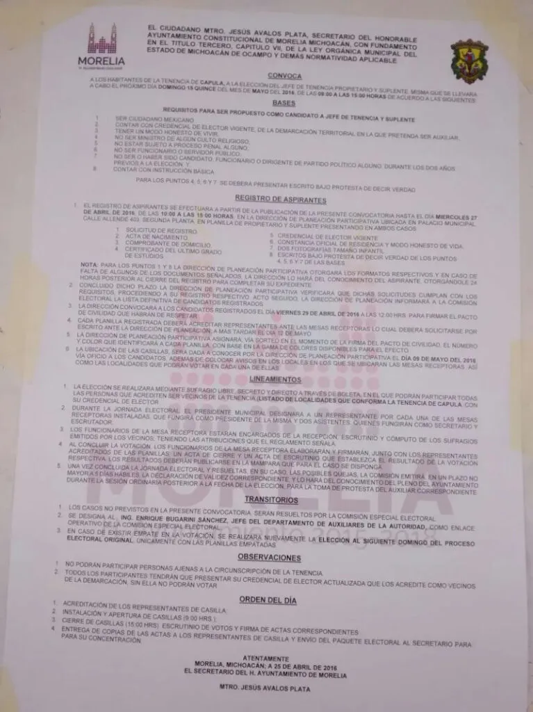 Ocho aspirantes a Jefe de Tenencia de Capula impugnarán la elección que favoreció a Humberto Trujillo Neri, señalando al Ayuntamiento de Morelia por presunta coacción, compra de votos y manipulación del proceso 1