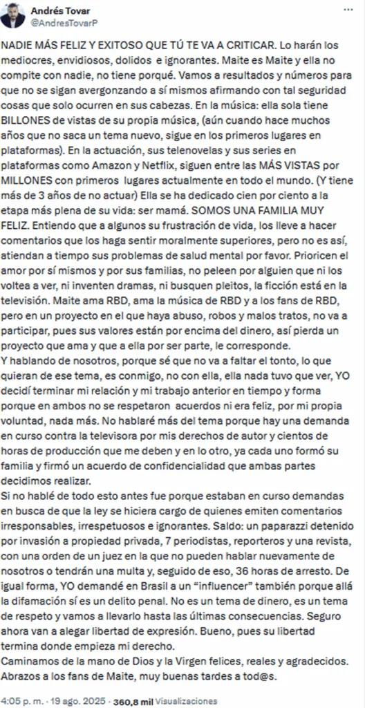 Andrés Tovar arremete contra haters de Maite Perroni