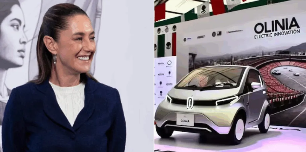 Claudia Sheinbaum presenta el emblema del primer auto eléctrico 100% mexicano.