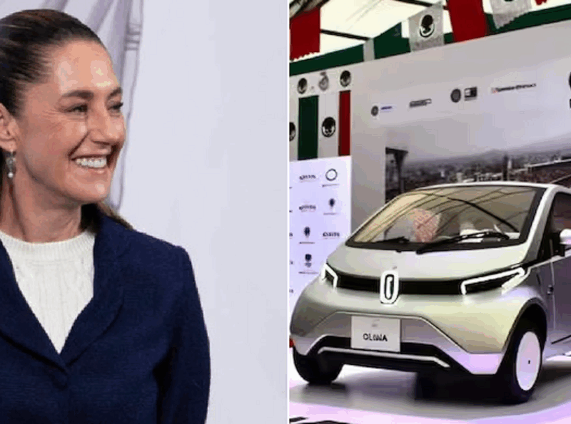 Claudia Sheinbaum presenta el emblema del primer auto eléctrico 100% mexicano.