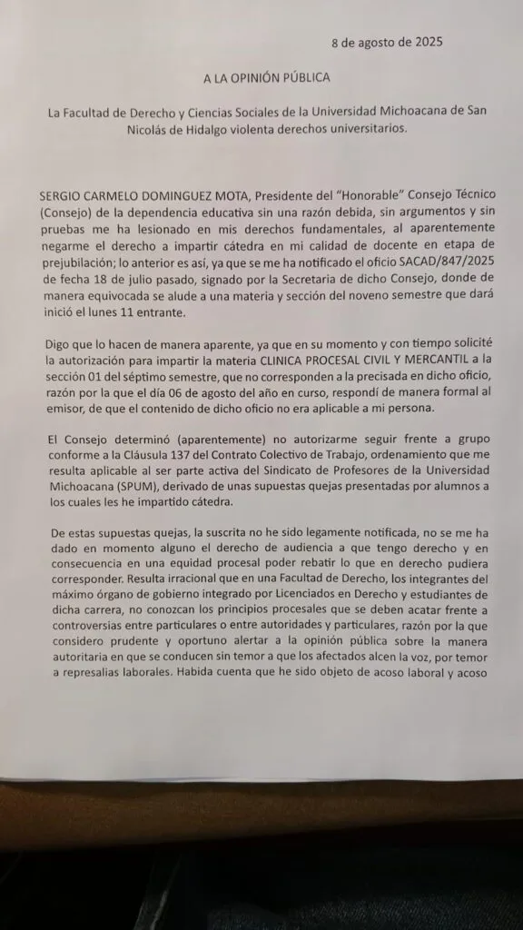 Denuncia docente violencia institucional y acoso UMSNH