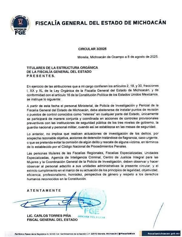 FGE prohíbe colocar retenes en Michoacán