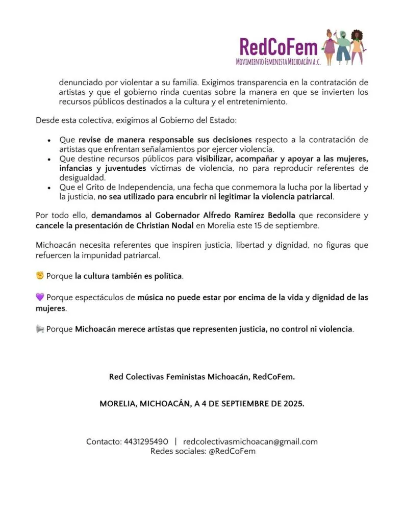 Colectivas Michoacán rechazan a Christian Nodal en Grito en Morelia 1