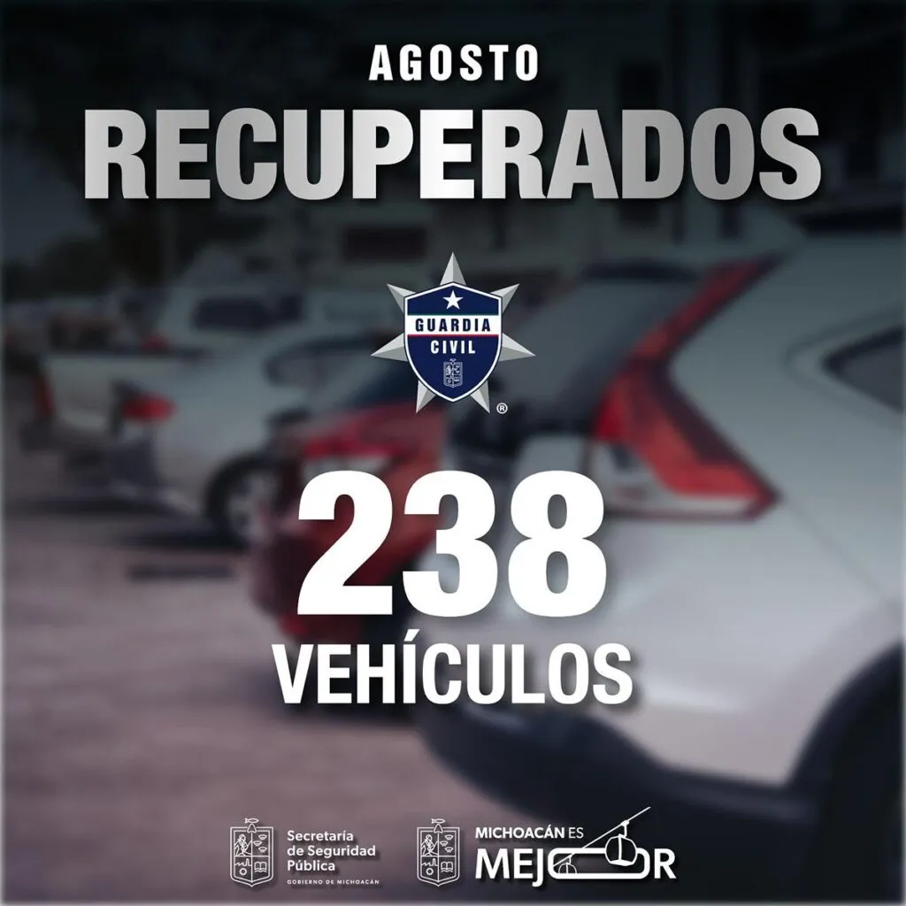 Durante agosto, 238 vehículos recuperados: SSP-1
