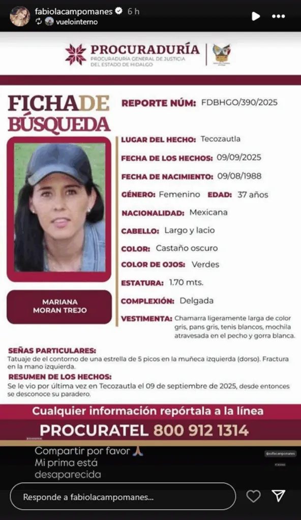 Fabiola Campomanes busca a su prima desaparecida en Hidalgo 1