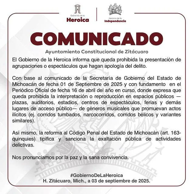 Gobierno de Zitácuaro prohíbe la contratación de agrupaciones que hagan ‘apología del delito’-1