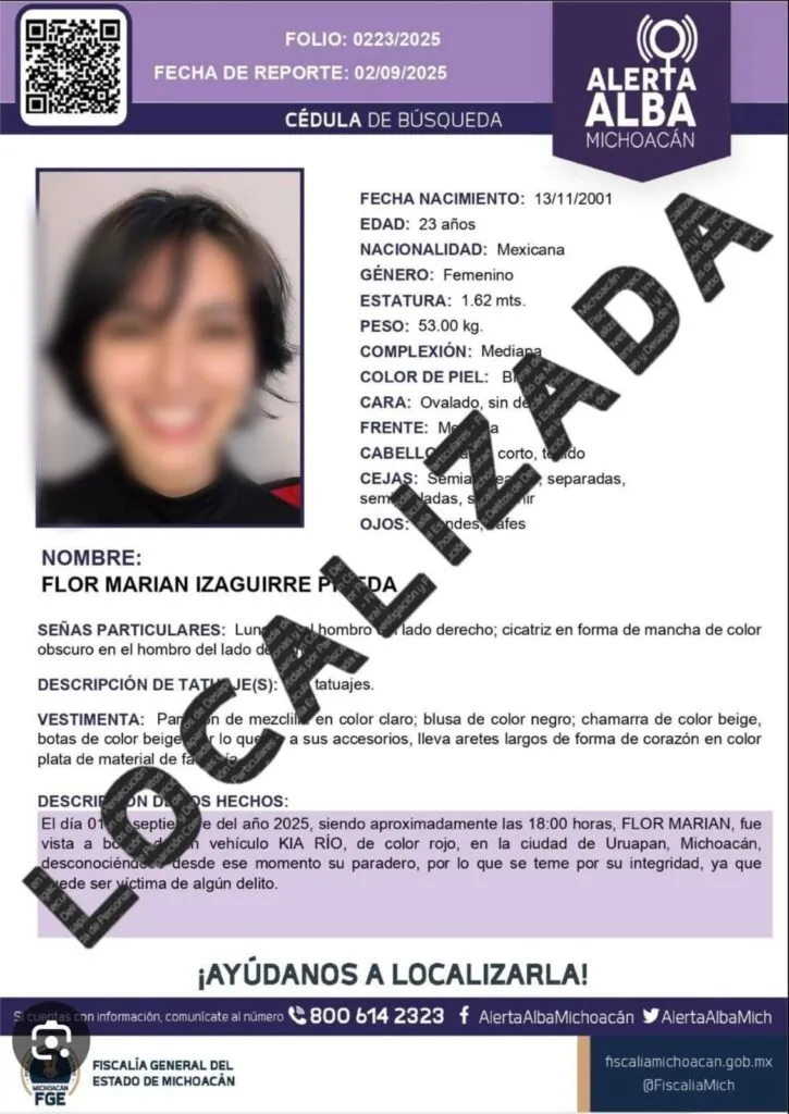La influencer Flor Marian, originaria de Uruapan, murió en Morelia tras ser reportada desaparecida; sus órganos fueron donados bajo protocolo oficial de la FGE Michoacán
