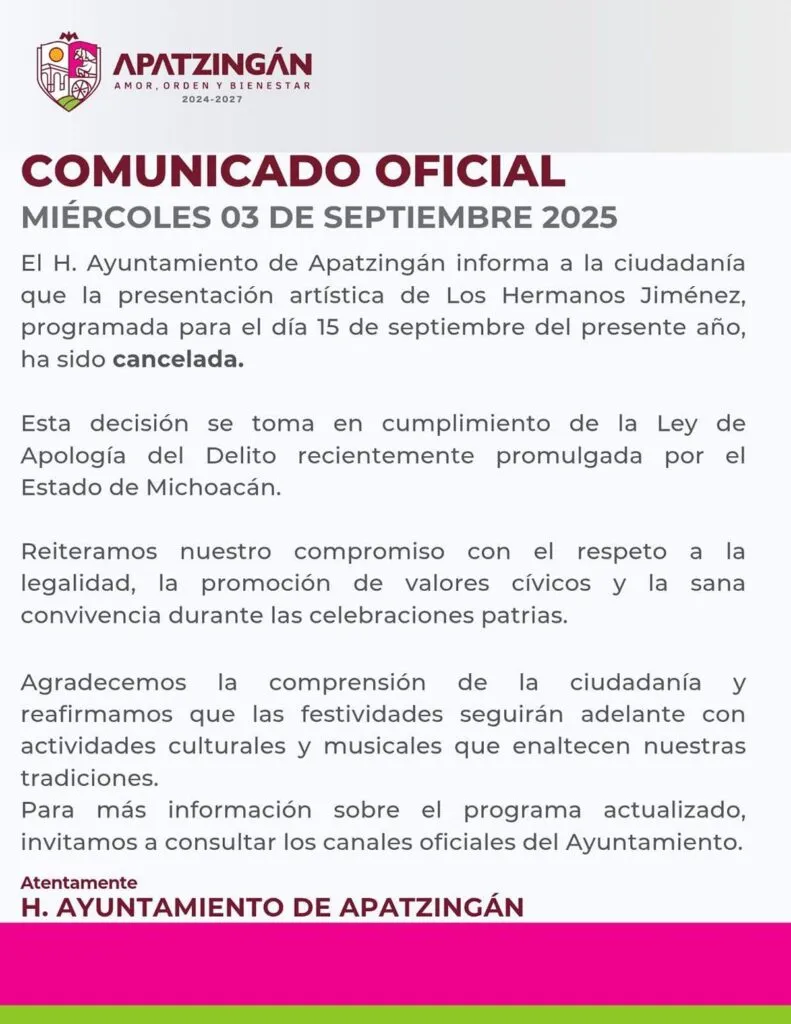 ‘Los Hermanos Jiménez’, no se presentarán en ceremonia del Grito de Independencia de Apatzingán