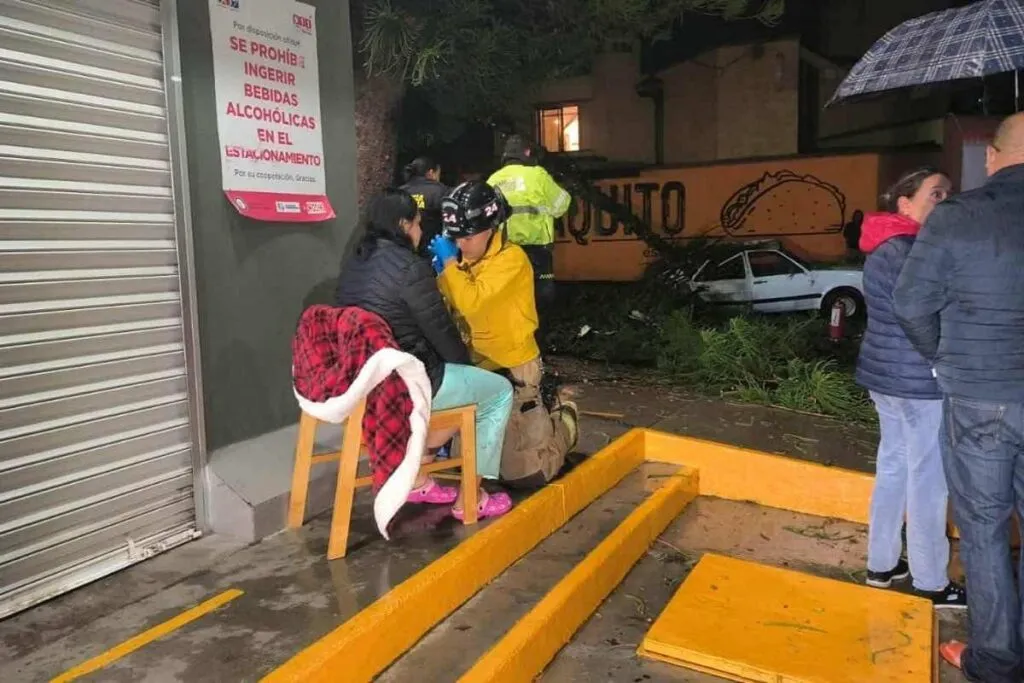 rescatan a pareja atrapada en vehículo tras sufrir caída de árbol