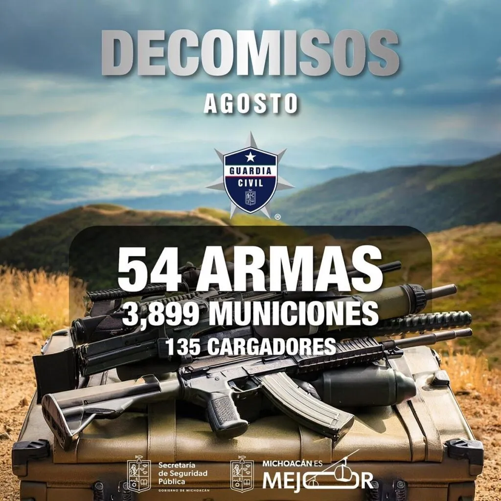 SSP decomisó 54 armas de fuego en Michoacán durante agosto-1