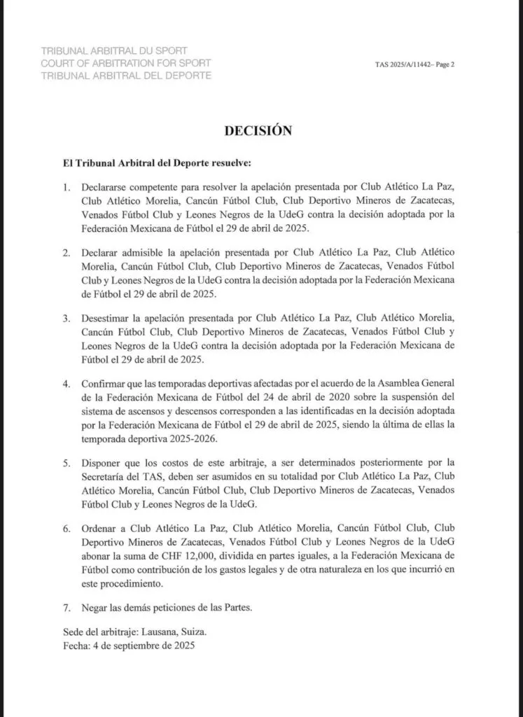 TAS dictó veredicto para el regreso del ascenso y descenso en Liga MX