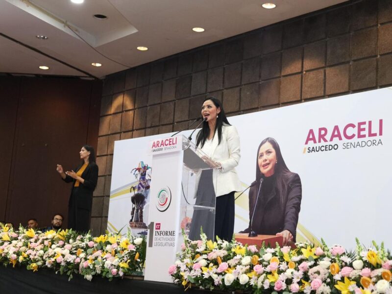 "Traidora", repudian con mantas a Araceli Saucedo en Morelia, senadora de Morena