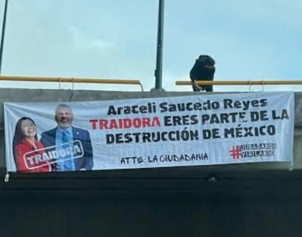 "Traidora", repudian con mantas a Araceli Saucedo, senadora de Morena