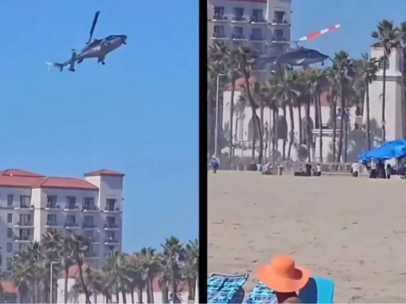 Fue captado en video, el momento en el que un helicóptero se desploma sobre la Pacific Coast Highway en Huntington Beach, Los Angeles durante el evento de Cars ‘N Copters; dejando tres heridos