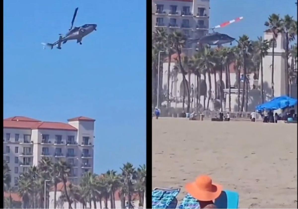 Fue captado en video, el momento en el que un helicóptero se desploma sobre la Pacific Coast Highway en Huntington Beach, Los Angeles durante el evento de Cars ‘N Copters; dejando tres heridos