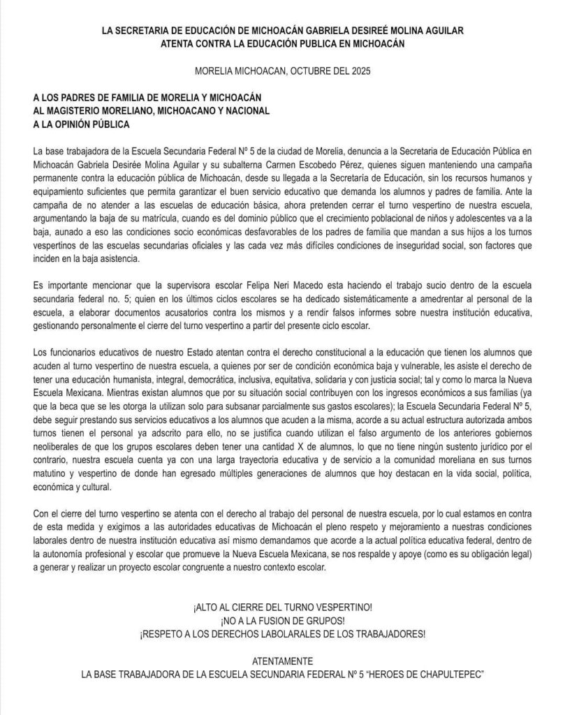 Cierre del turno vespertino en secundaria de Morelia, trabajadores educación, see