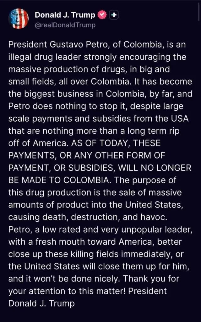 El presidente de EU, Donald Trump acusa a Gustavo Petro, Presidente de colombia de narcotráfico 1