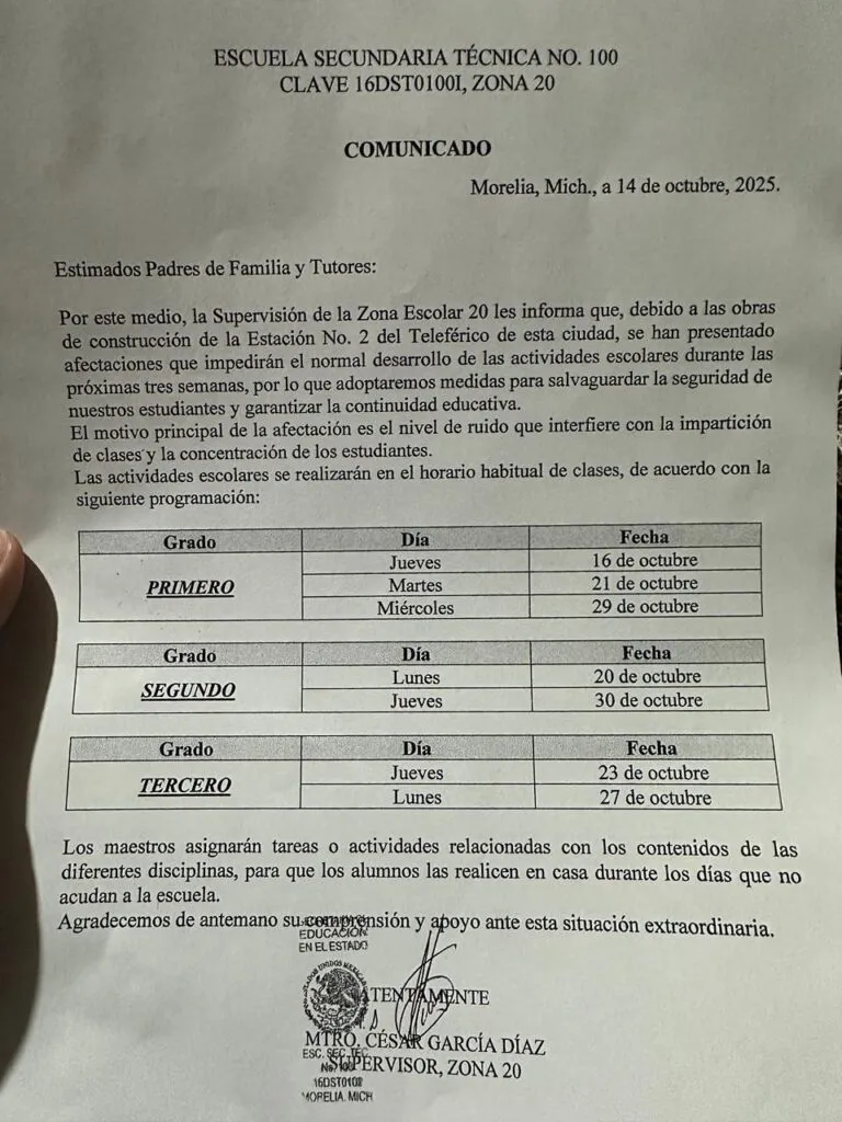 Por obras del Teleférico de Morelia, suspenden parcialmente clases en la Secundaria Técnica No. 100-1
