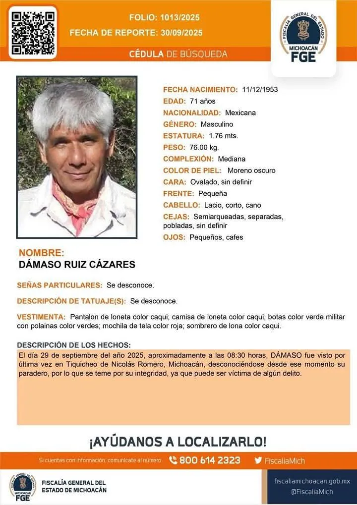 Refuerzan operativo para encontrar a Dámaso Cázares quien desapareció en Tiquicheo