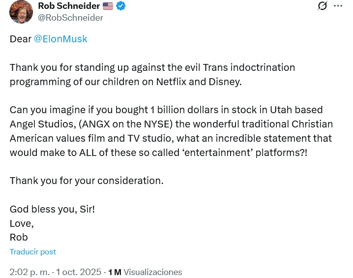 Rob Schneider respalda a Elon Musk en su cruzada contra Netflix
