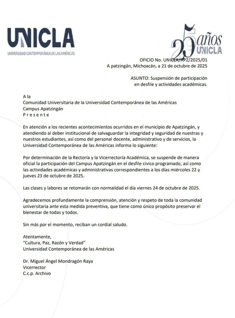 Suspenden clases y actividades universitarias en Apatzingán por inseguridad