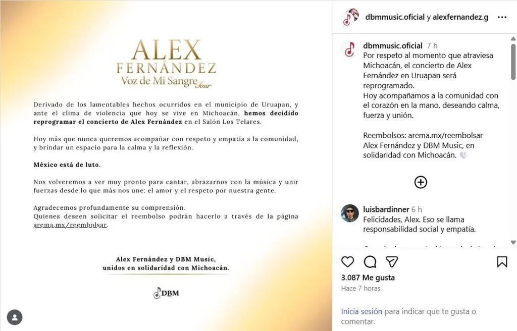 Álex Fernández pospone concierto de Uruapan en apoyo a Carlos Manzo