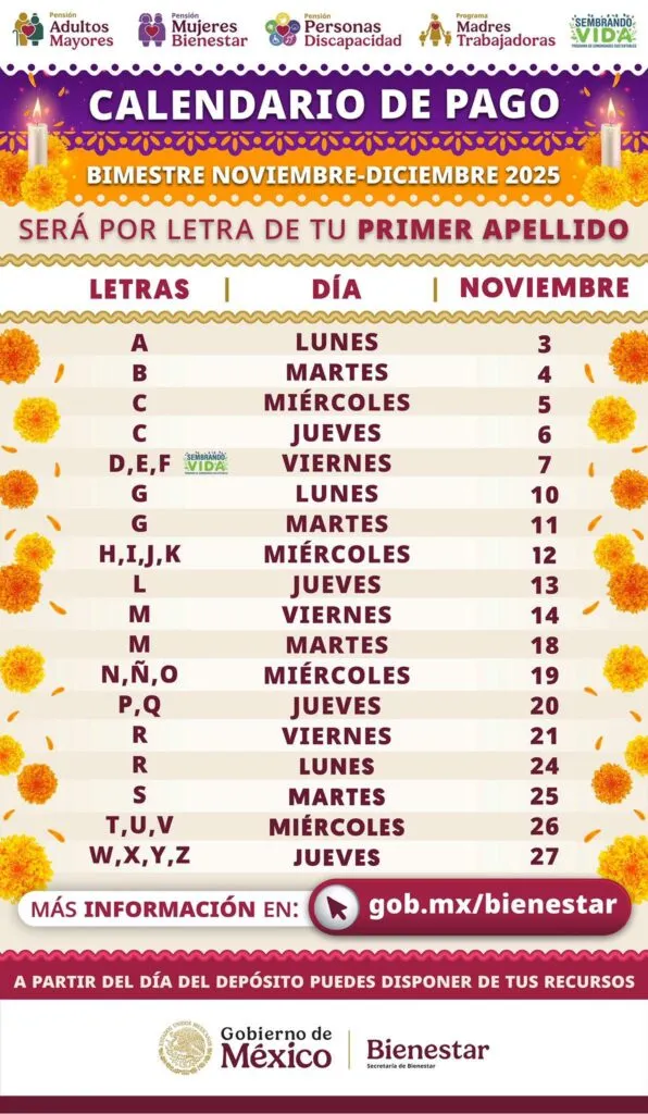 Calendario de pagos de Pensión del Bienestar en noviembre