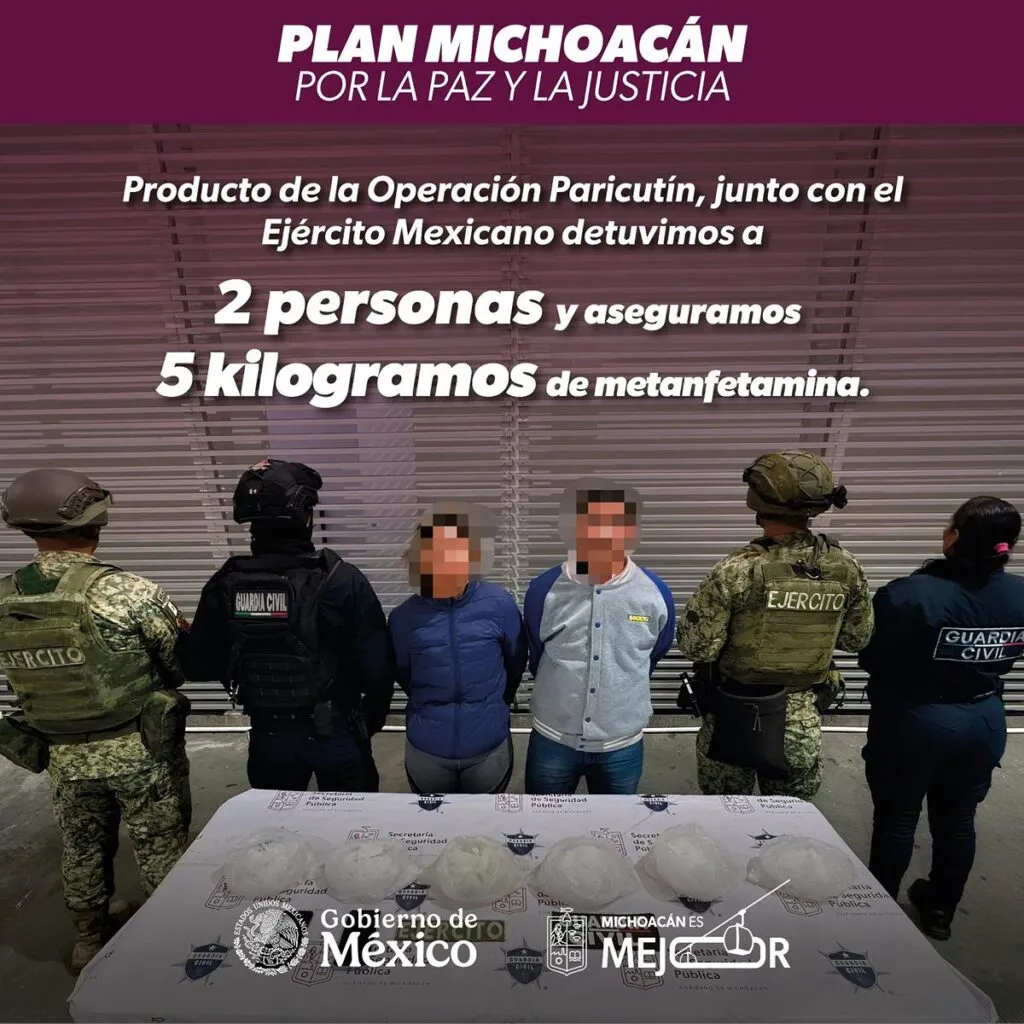 Dos detenidos con 5 kilogramos de metanfetamina en Morelia: SSP