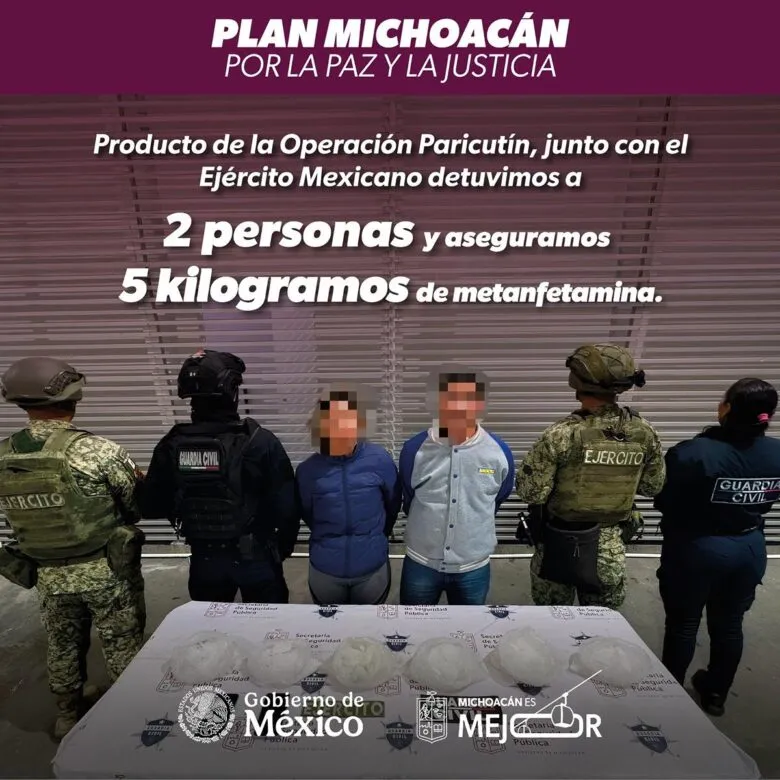 Dos detenidos con 5 kilogramos de metanfetamina en Morelia: SSP