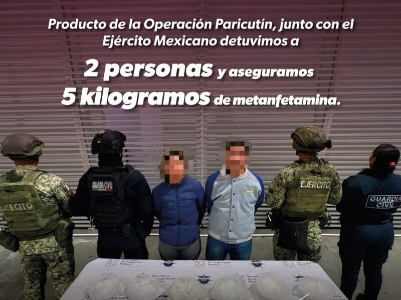 Dos detenidos con 5 kilogramos de metanfetamina en Morelia: SSP