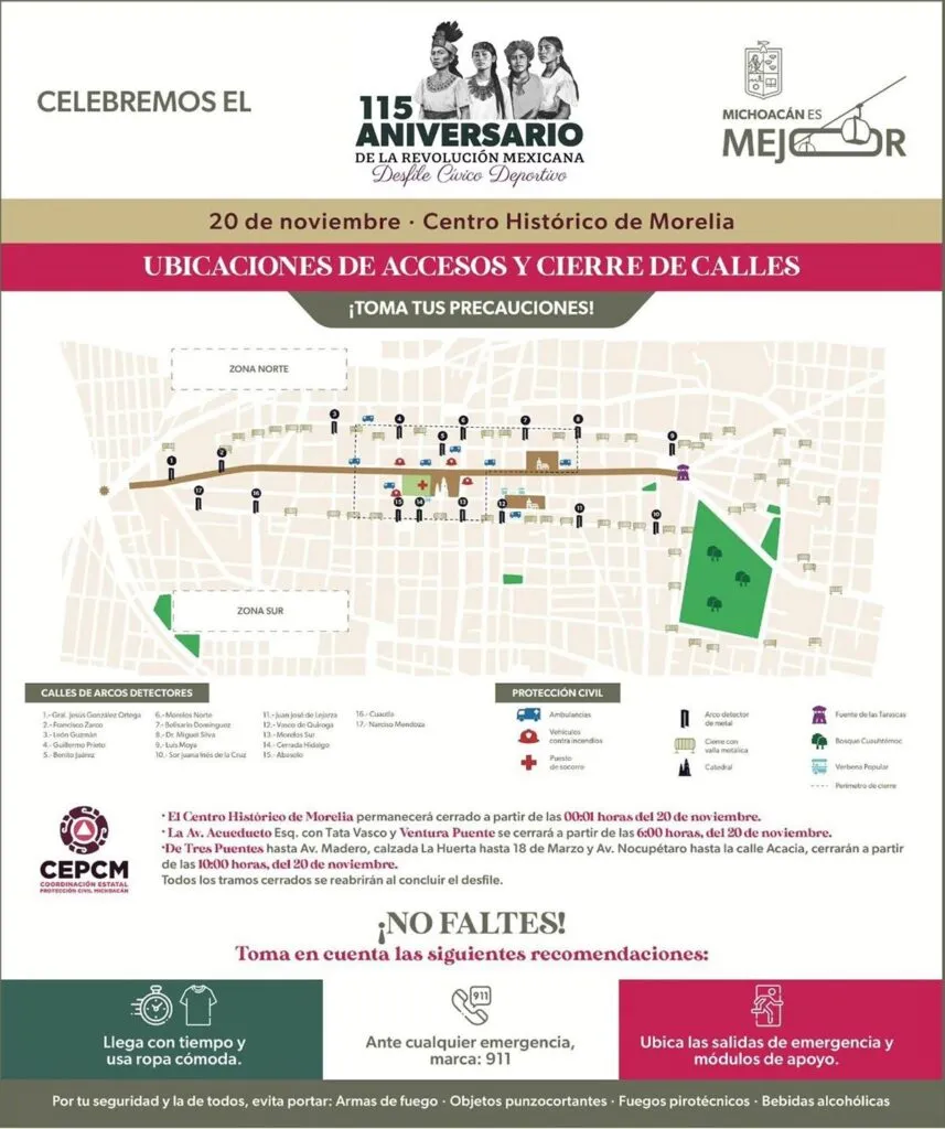 Estos serán los cierres viales por el desfile del 20 de noviembre en Morelia: SSP