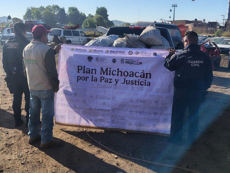 Aseguran SSP y Profepa vehículo con casi media tonelada de carbón de encino ilegal en Uruapan