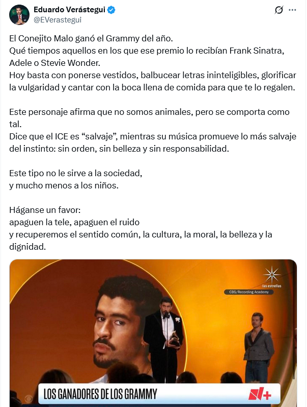 Eduardo Verástegui se lanza contra Bad Bunny tras su discurso en los Grammy 2026