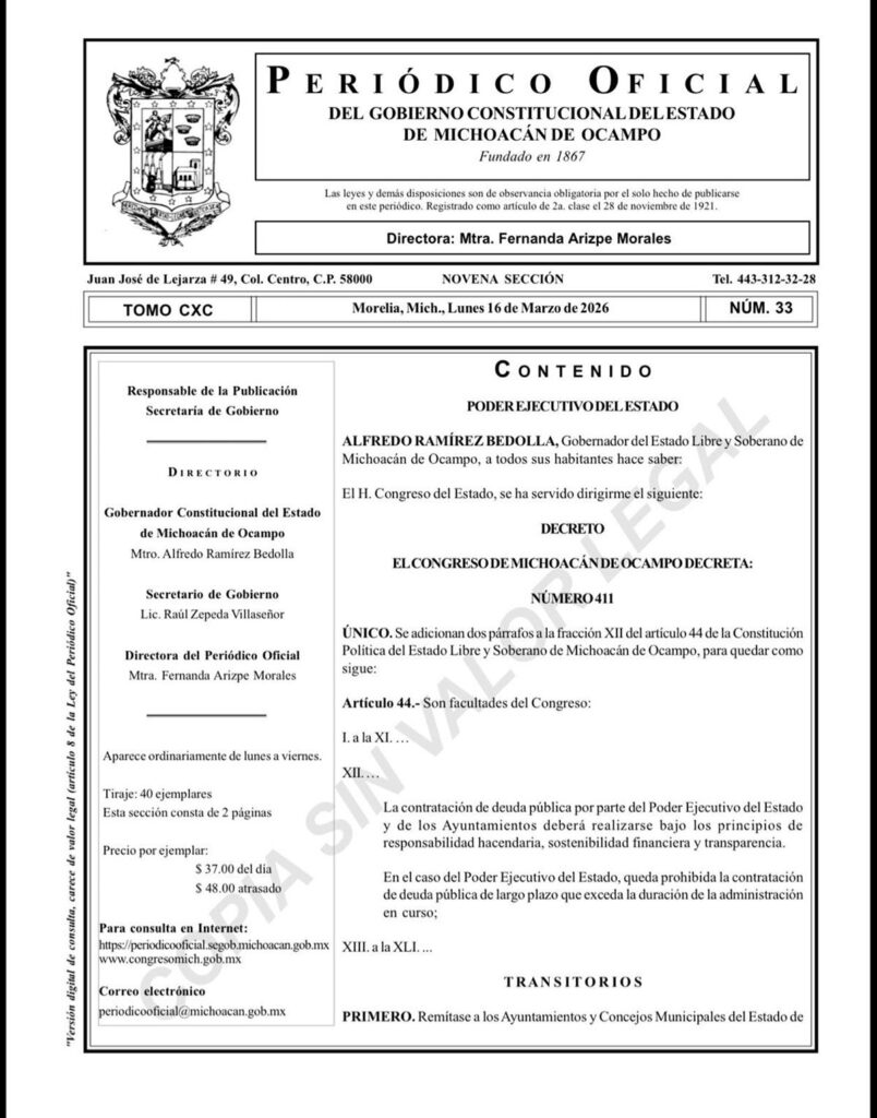 Periódico Oficial decreto constitucional deuda Michoacán 1