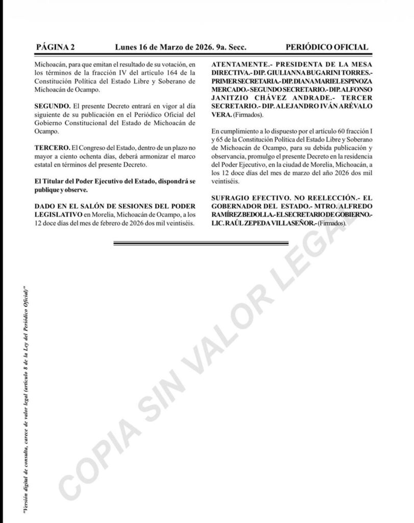 Periódico Oficial decreto constitucional deuda Michoacán 2