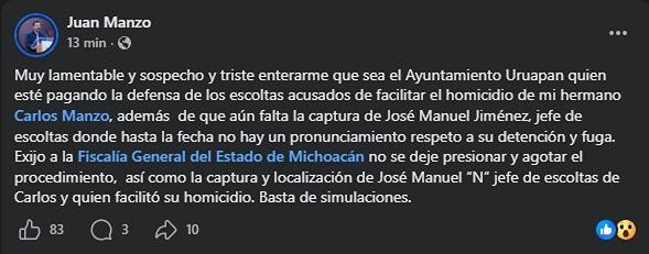 Acusan al Ayuntamiento de Uruapan de pagar defensa de escoltas de Carlos Manzo 1