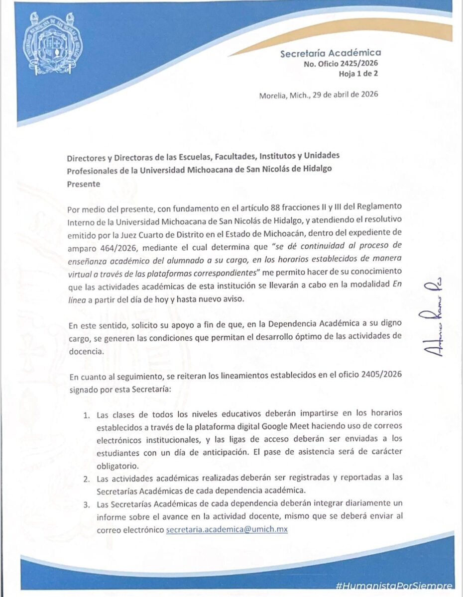 Ante huelga de puertas cerradas regresan las clases en línea a la UMSNH-1