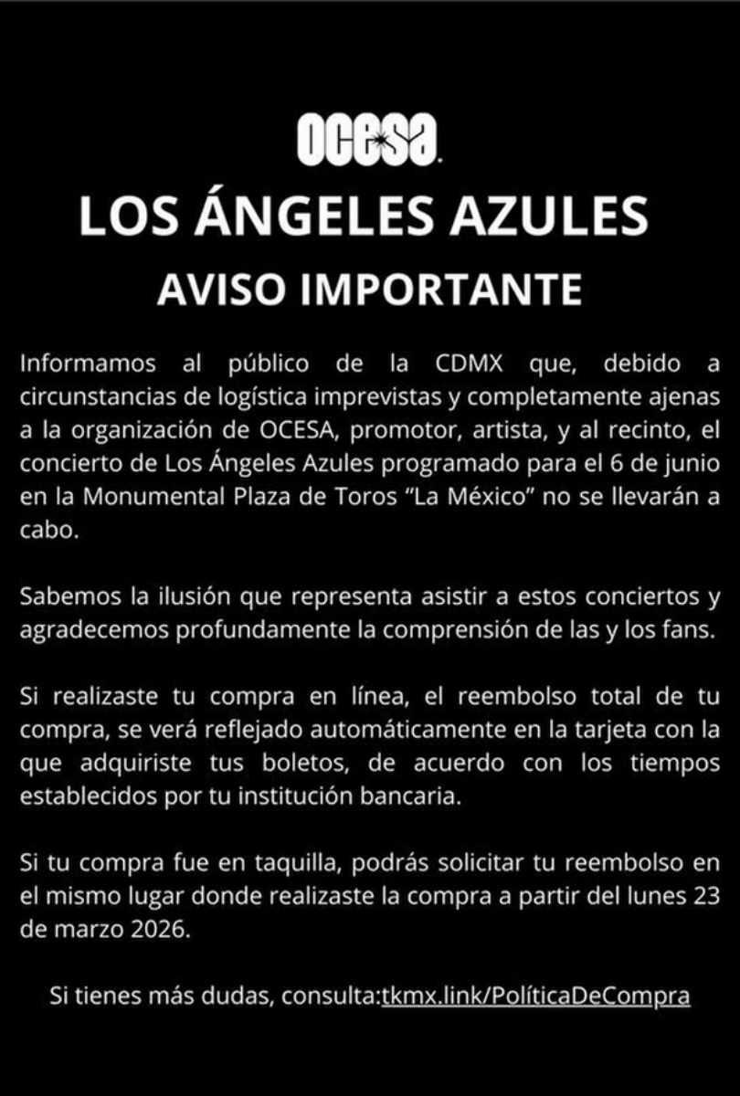 ¿Por qué cancelaron Los Ángeles Azules en la Plaza de Toros 2026? 1