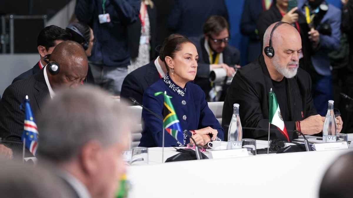 La Presidenta Claudia Sheinbaum planteó en España usar el 10% del gasto armamentista para reforestar y pidió una declaración conjunta contra la intervención militar en Cuba en la cubre Progresiste en Barcelona España