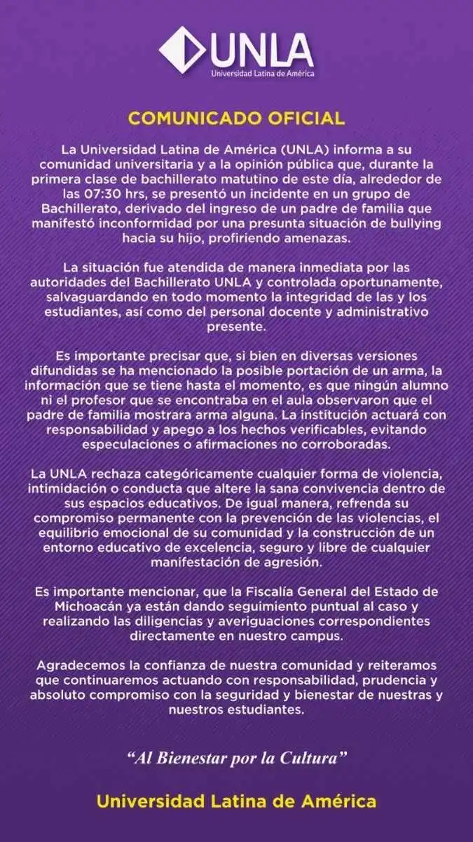 FGE de Michoacán investiga presuntas amenazas a estudiantes en la UNLA; un hombre habría ingresado a un aula para intimidar a los jóvenes en Morelia