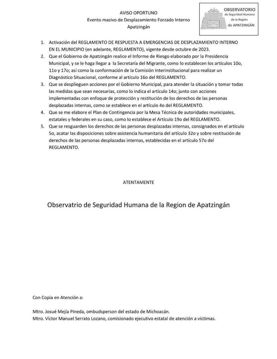 Al menos 668 personas desplazadas tras enfrentamientos en Apatzingán