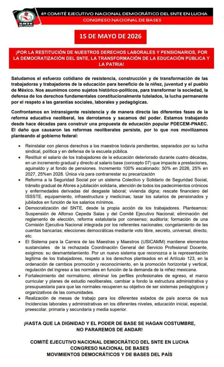CNTE exige aumento salarial del 100% y desaparición del USICAMM-1