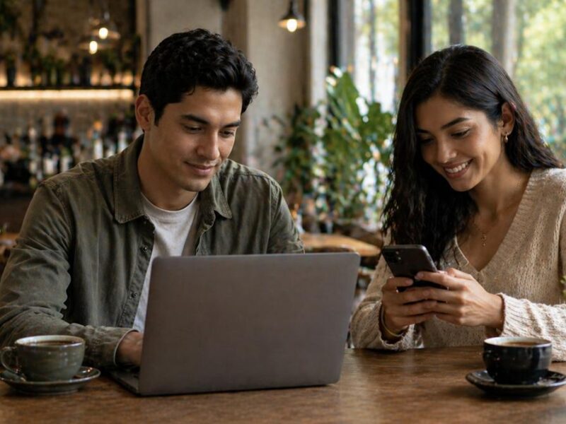 Pareja en café moderno usando portátil y móvil