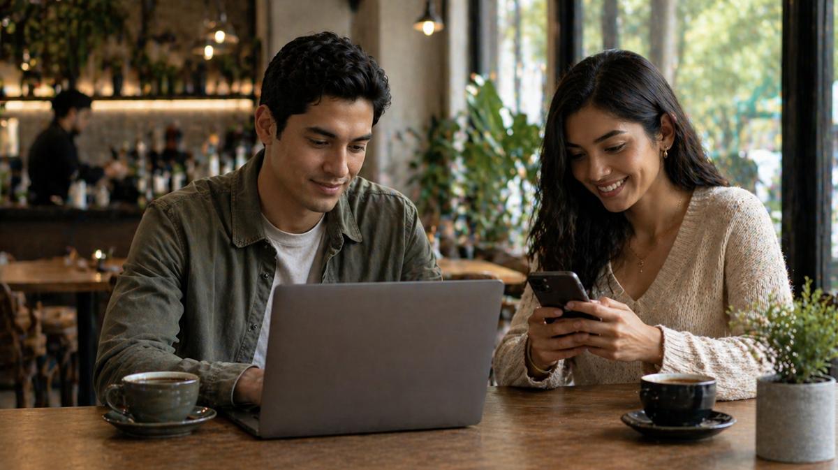 Pareja en café moderno usando portátil y móvil