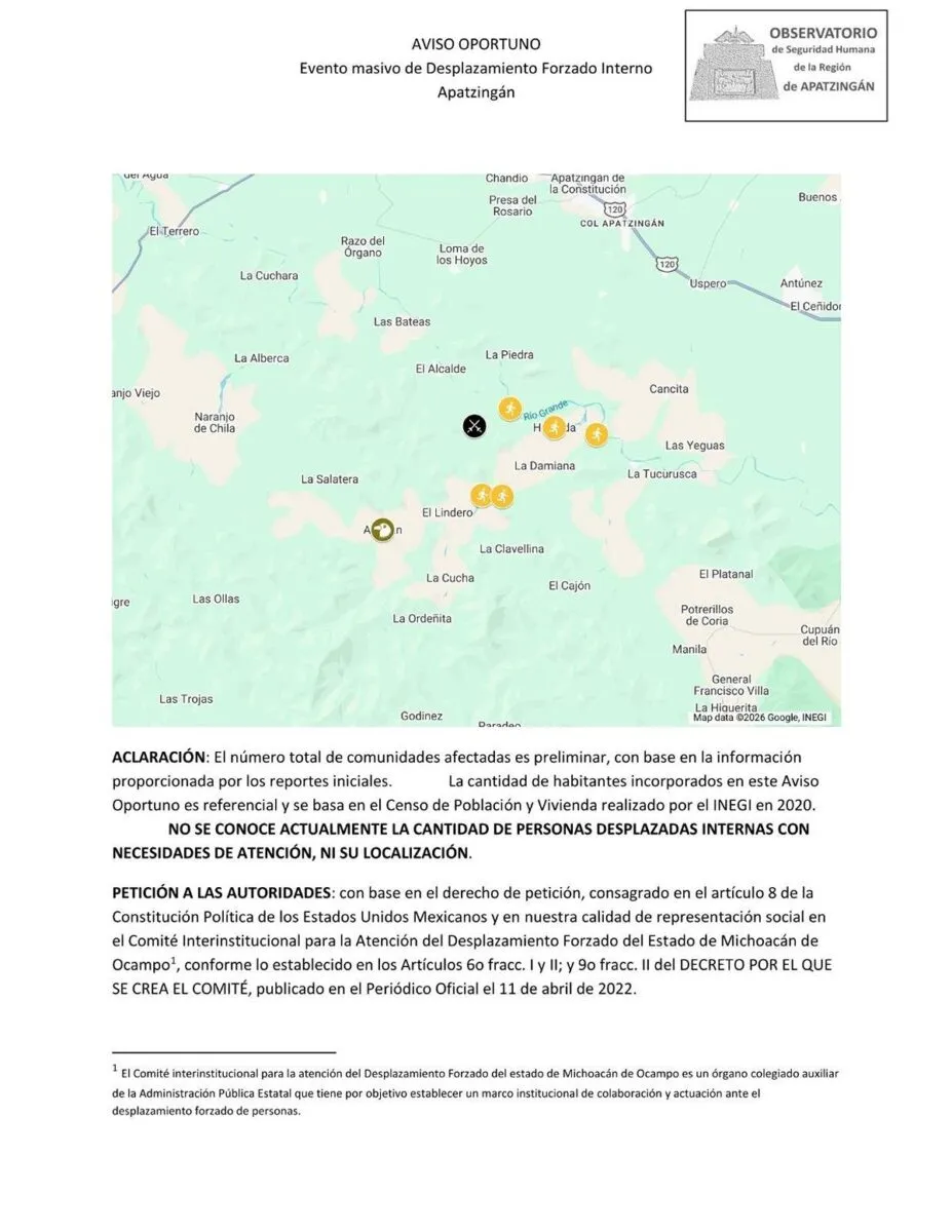 reportan 668 personas desplazadas tras enfrentamientos en Apatzingán
