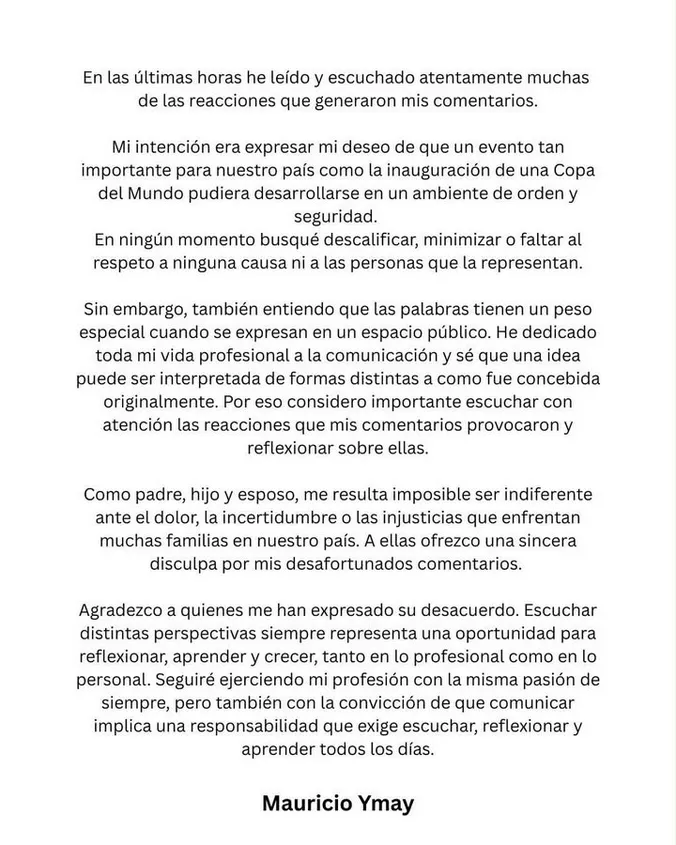 Periodista deportivo Mauricio Ymay se disculpa por polémicos comentarios en el Mundial 2026