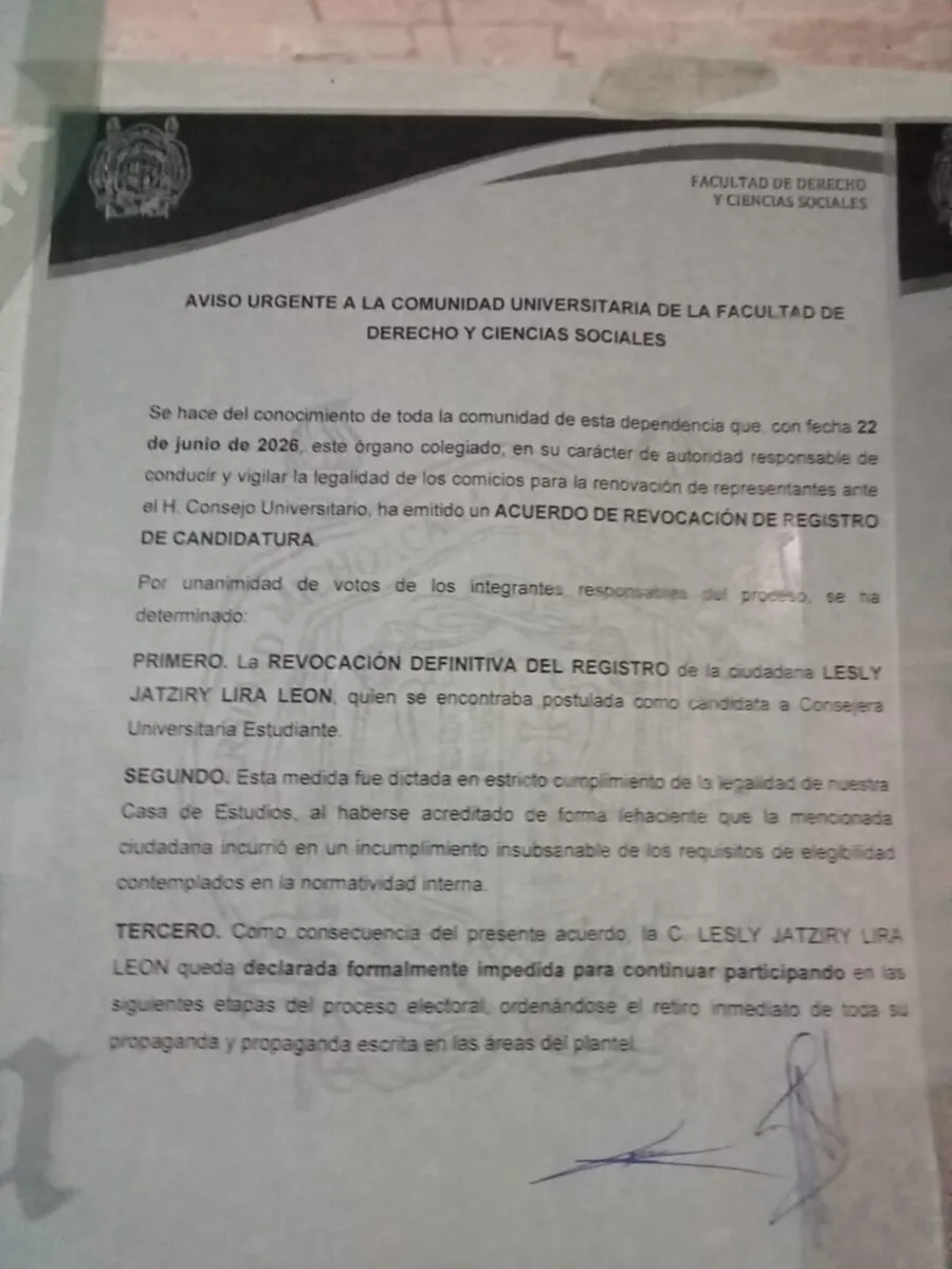 Revocan candidatura a estudiante de Derecho en UMSNH por incumplir requisitos
