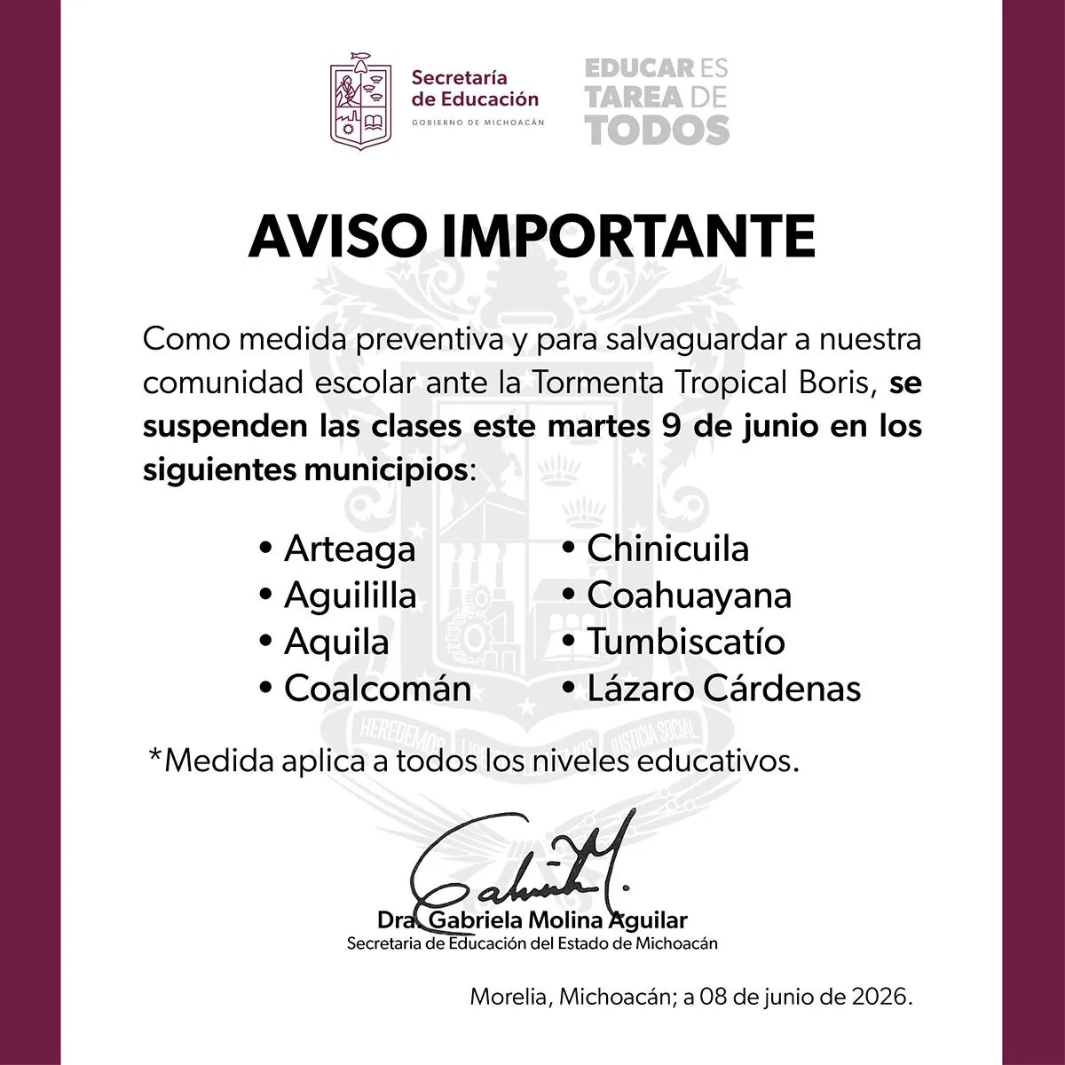 SEE suspende clases en Sierra-Costa por prevención ante Boris